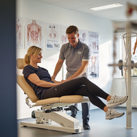 Physiotherapeut bei der Rehabilitationstraining-Sitzung mit Patientin in einer Physiotherapiepraxis in Wuppertal.