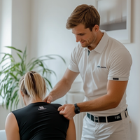 Physiotherapeut bei einer Schulterbehandlung in einer Physiotherapiepraxis in Wuppertal.